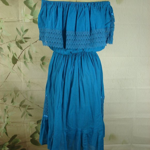 Bright Turquoise Aqua  Mexican Floral Embroidered Dress Off Shoulder Summer - Picture 11 of 12